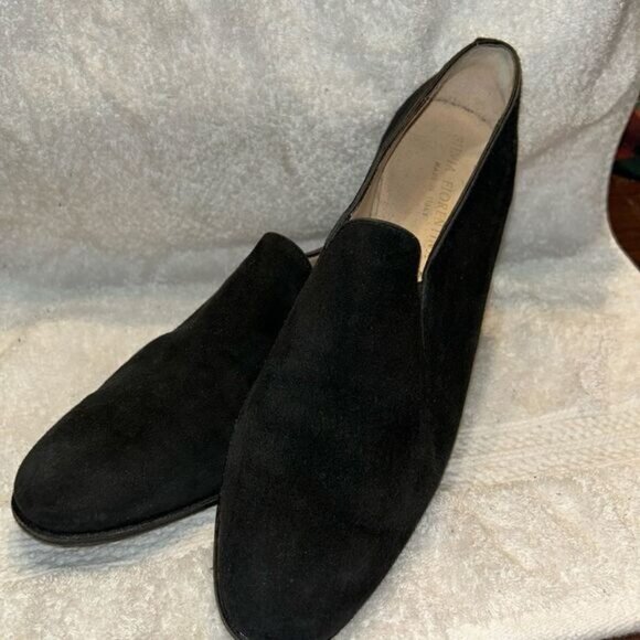 Black Suede Slip-On Loafers Womens Sz 8 M By Silvia Fiorentina Italian Suede Lux - Picture 1 of 6